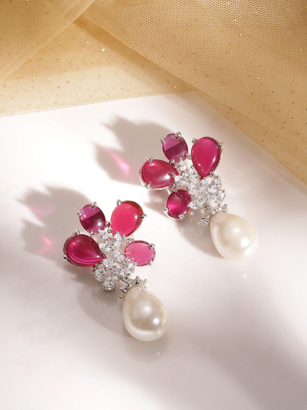 rubans silver-plated american diamond-studded drop earrings