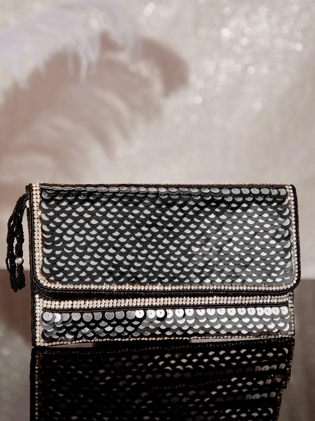 rubans silver-toned & black embellished purse clutch