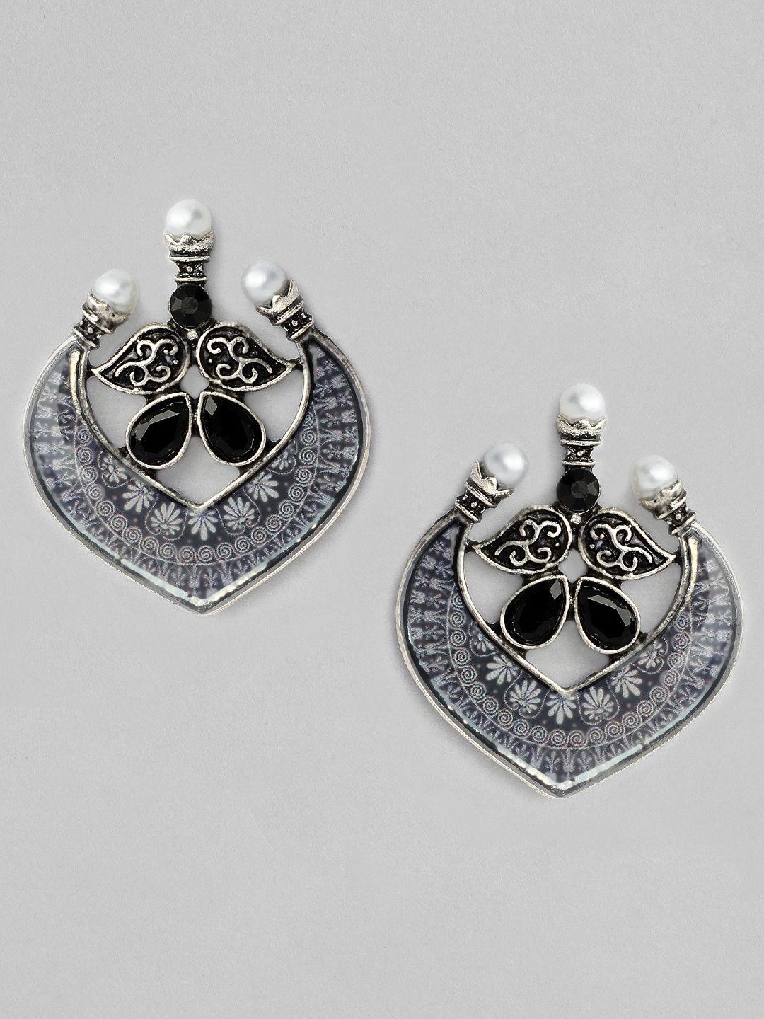 rubans silver-toned crescent shaped oxidised chandbalis