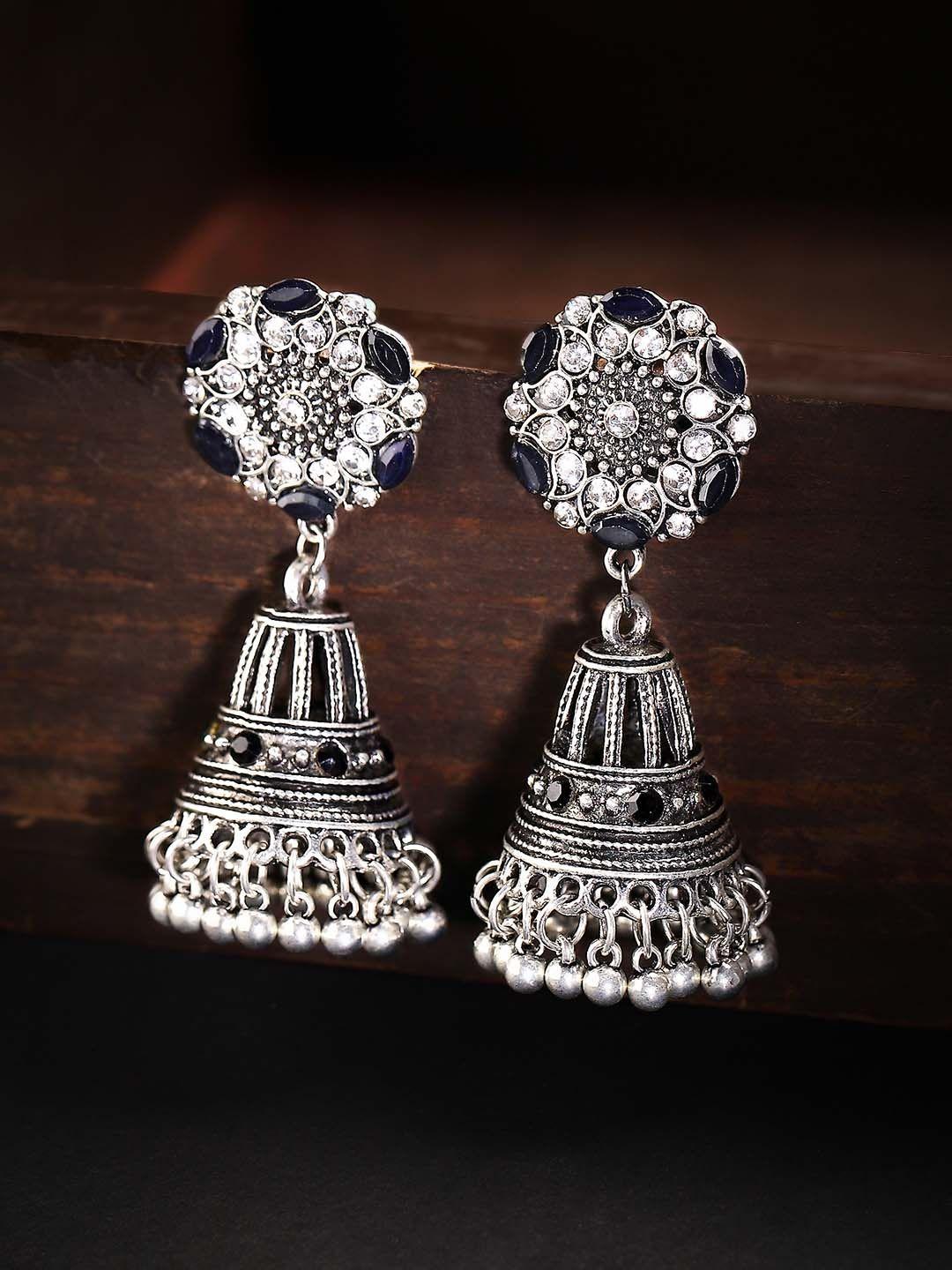 rubans silver-toned dome shaped oxidised jhumkas earrings