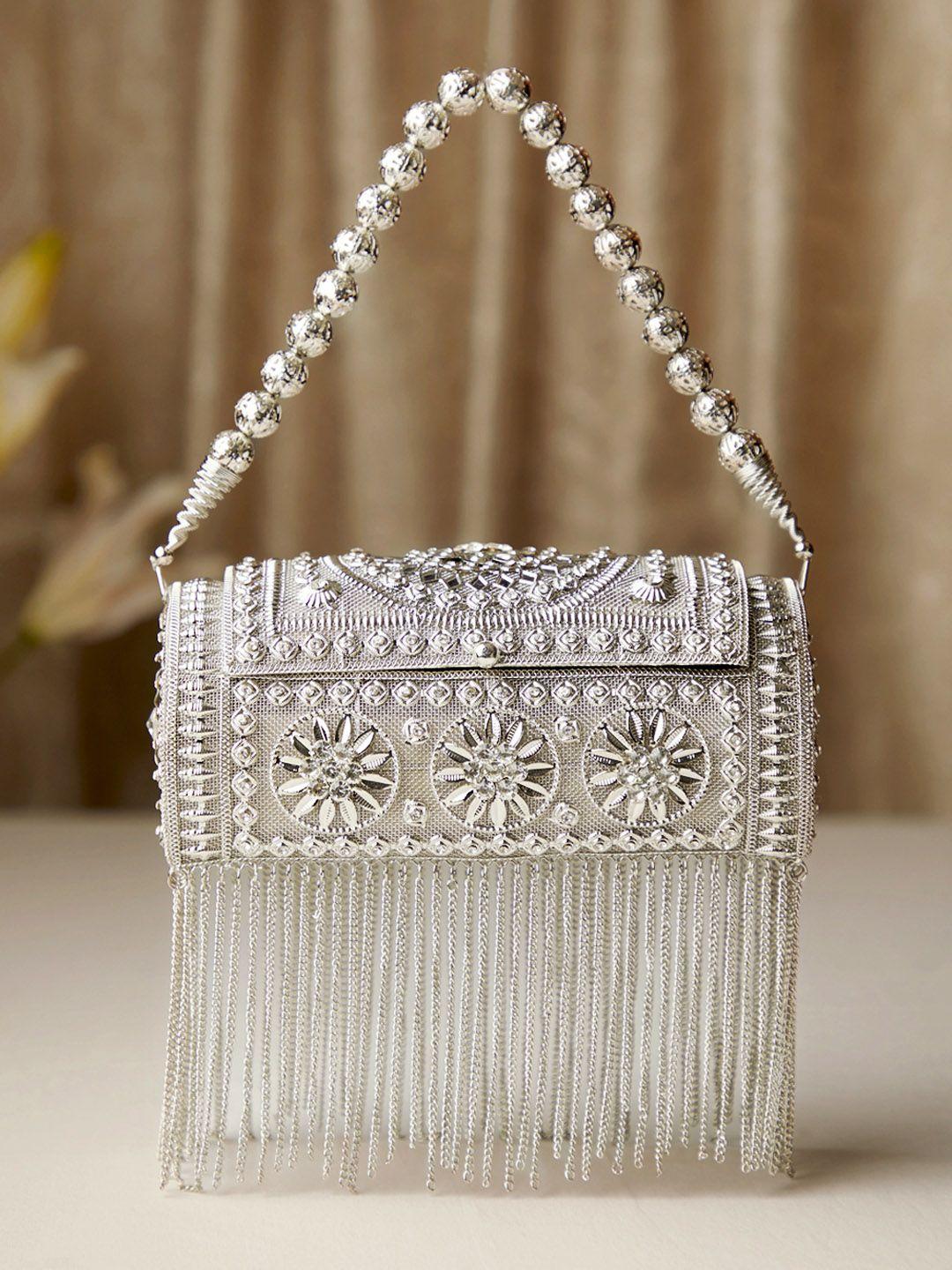 rubans silver-toned embellished embroidered box clutch