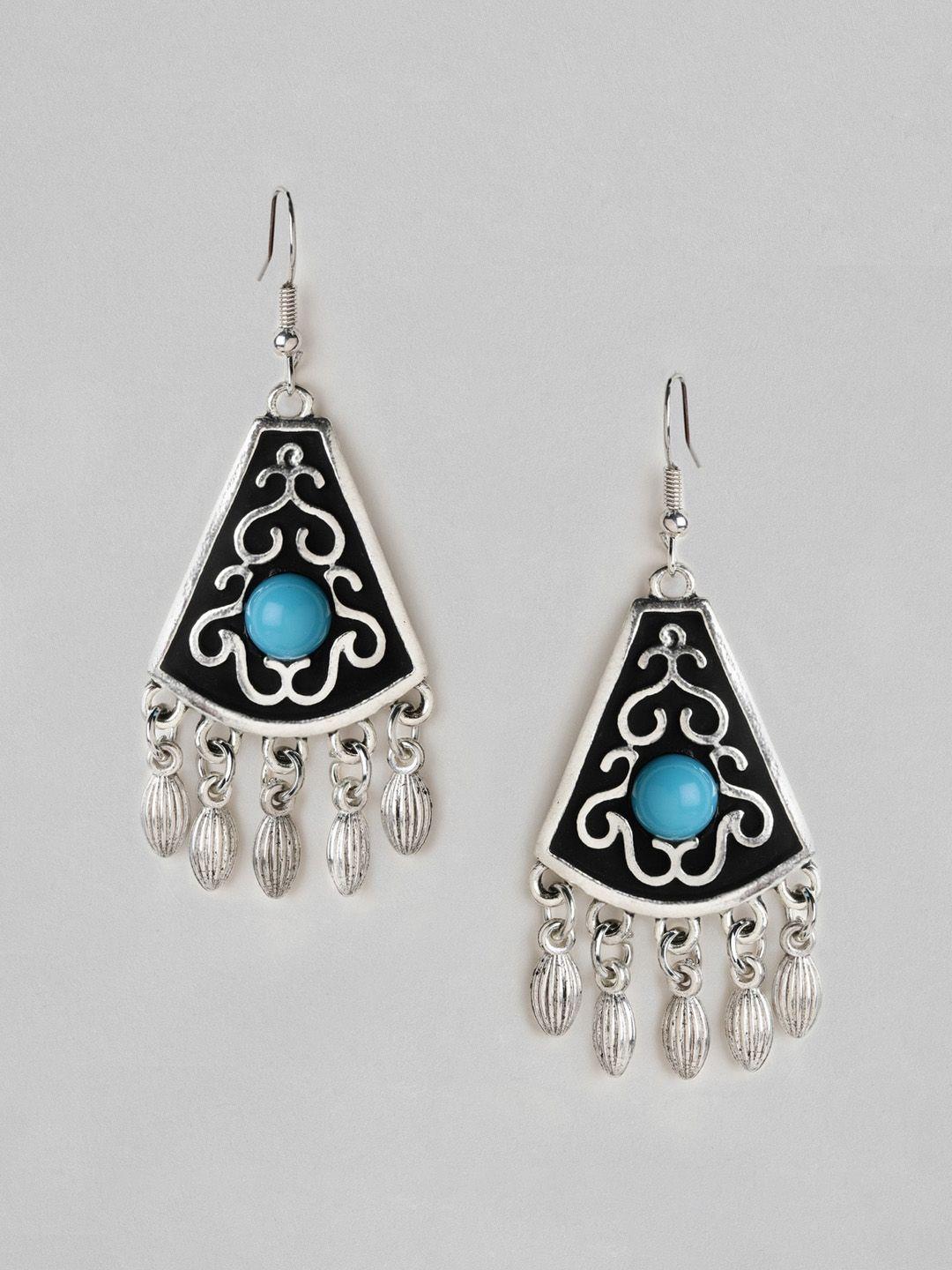 rubans women's silver-toned & blue classic oxidised earrings
