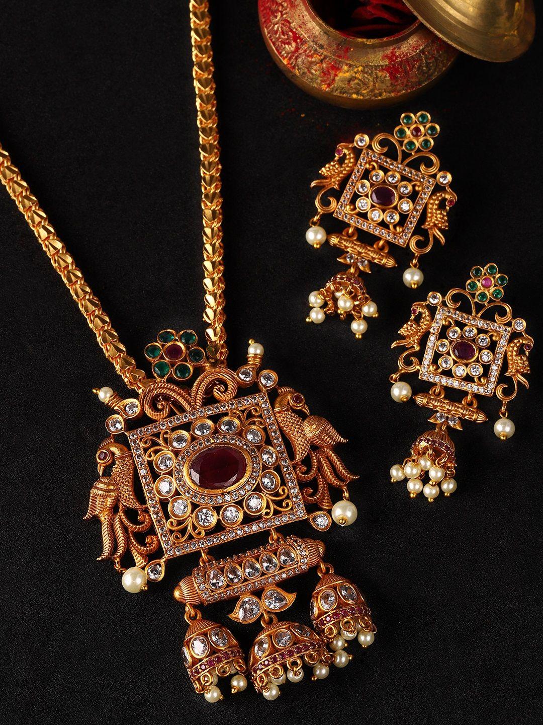 rubans women gold-plated ruby studded handcrafted temple jewellery set