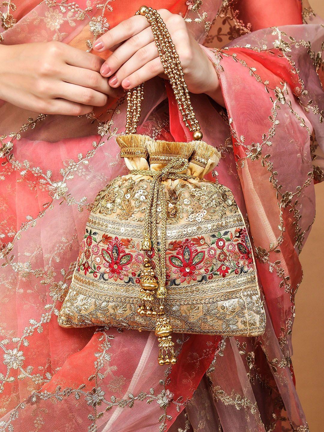 rubans women gold-toned & red embellished potli clutch