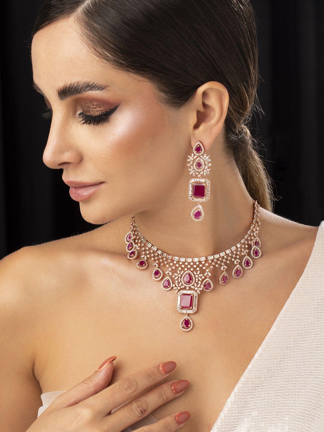 rubans women rose gold-plated & pink cz-stone & emerald handcrafted jewellery set