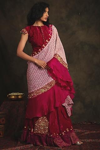 ruby pink & pearl white hand embroidered pre-stitched saree set
