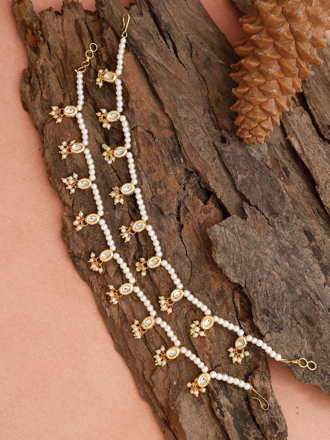 ruby raang set of 2 white & gold-toned & plated kundan anklets