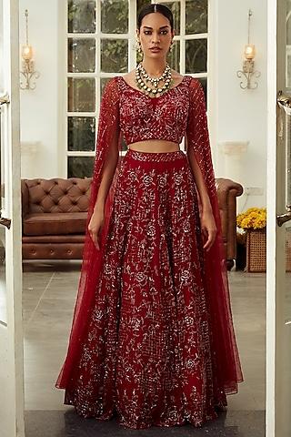 ruby red floral embroidered lehenga set