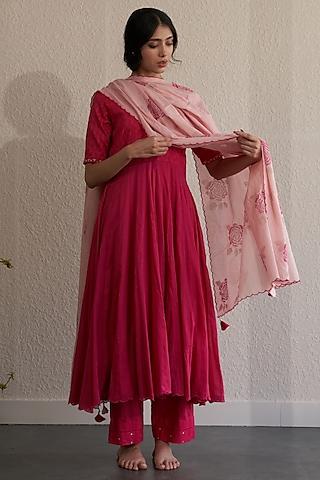 ruby pink cotton hand embroidered anarkali set