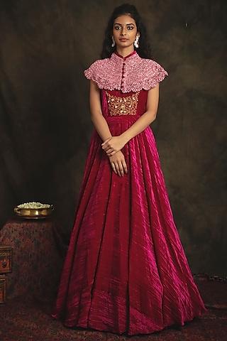 ruby pink hand embroidered flared gown