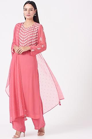 ruby pink hand embroidered straight kurta set