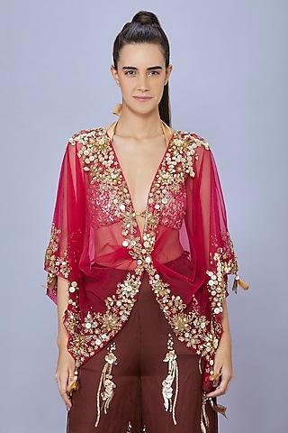 ruby pink net mirror & sequins embroidered kaftan