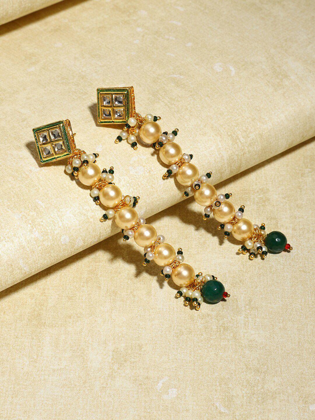 ruby raang cream-coloured & green gold plated kundan studded contemporary drop earrings