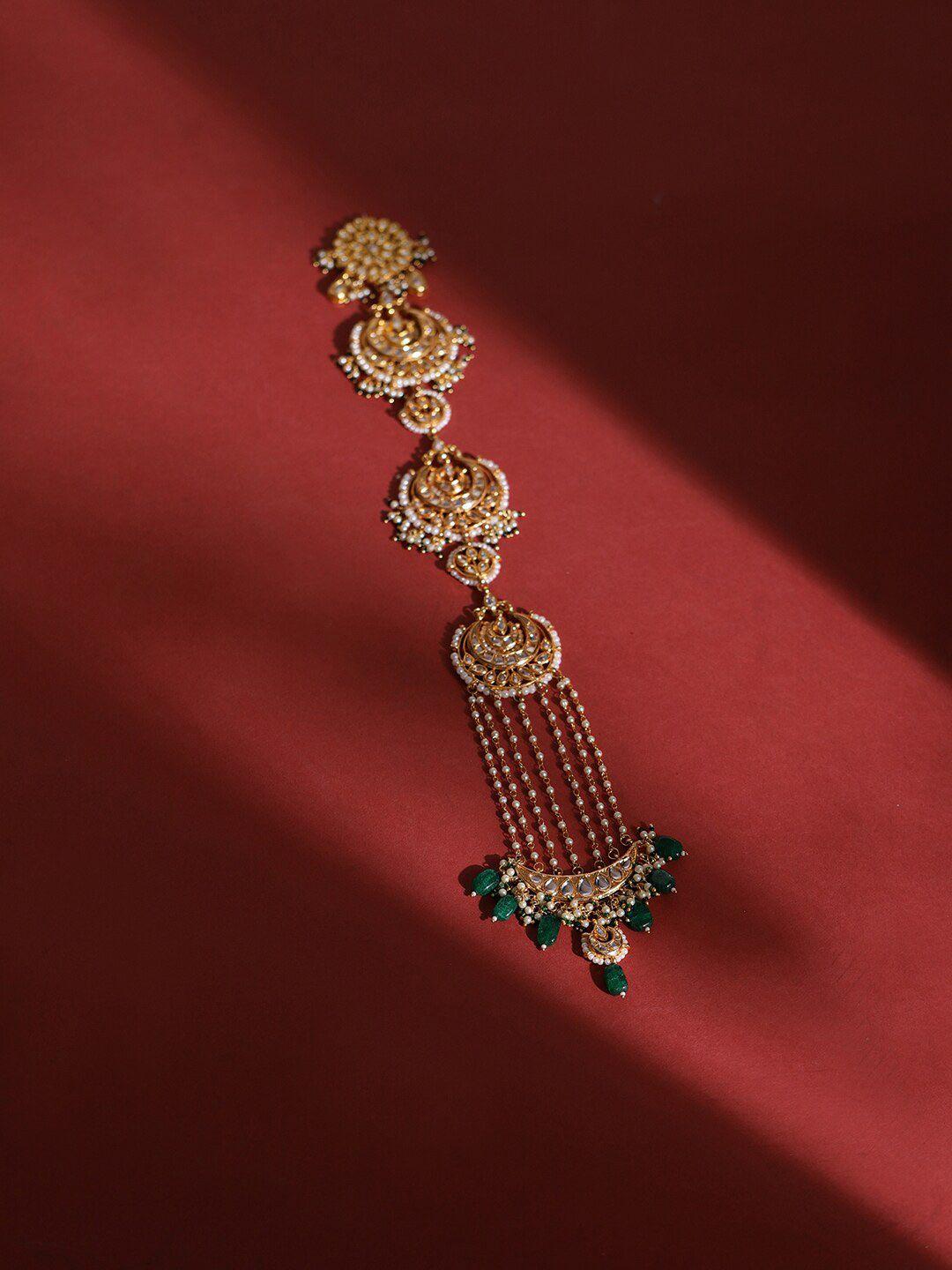 ruby raang gold-plated & green kundan stone-studded head chain