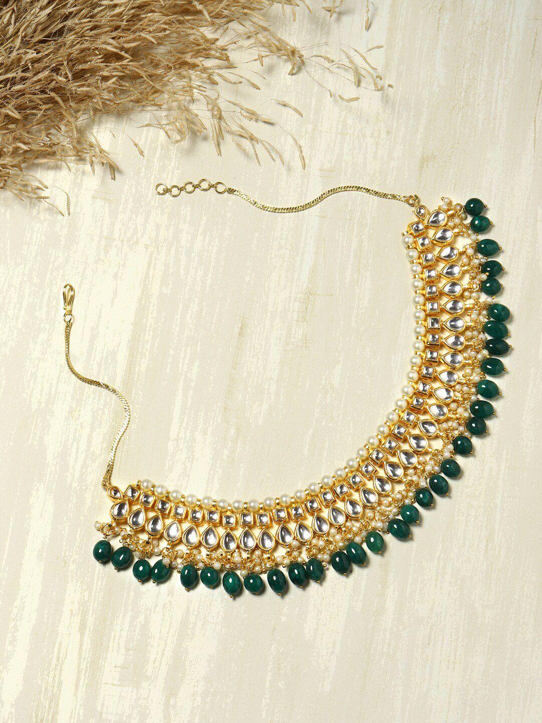 ruby raang gold-plated & green kundan studded brass necklace