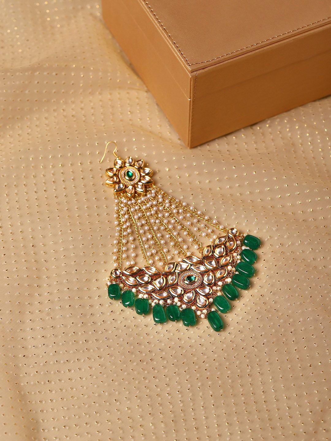 ruby raang gold-plated green & white kundan studded jhoomar passa