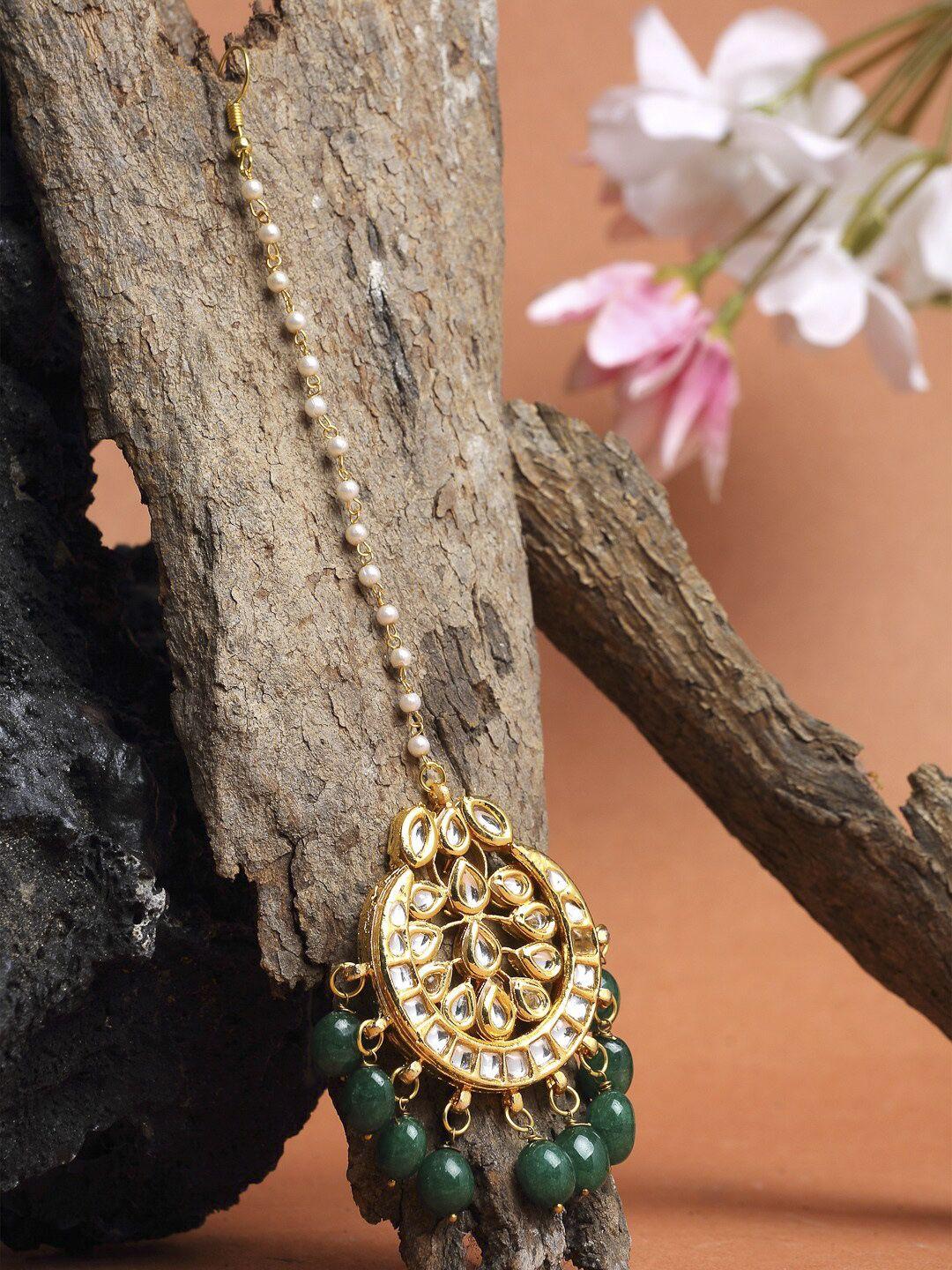 ruby raang gold-plated green pearls & kundan-studded maangtika