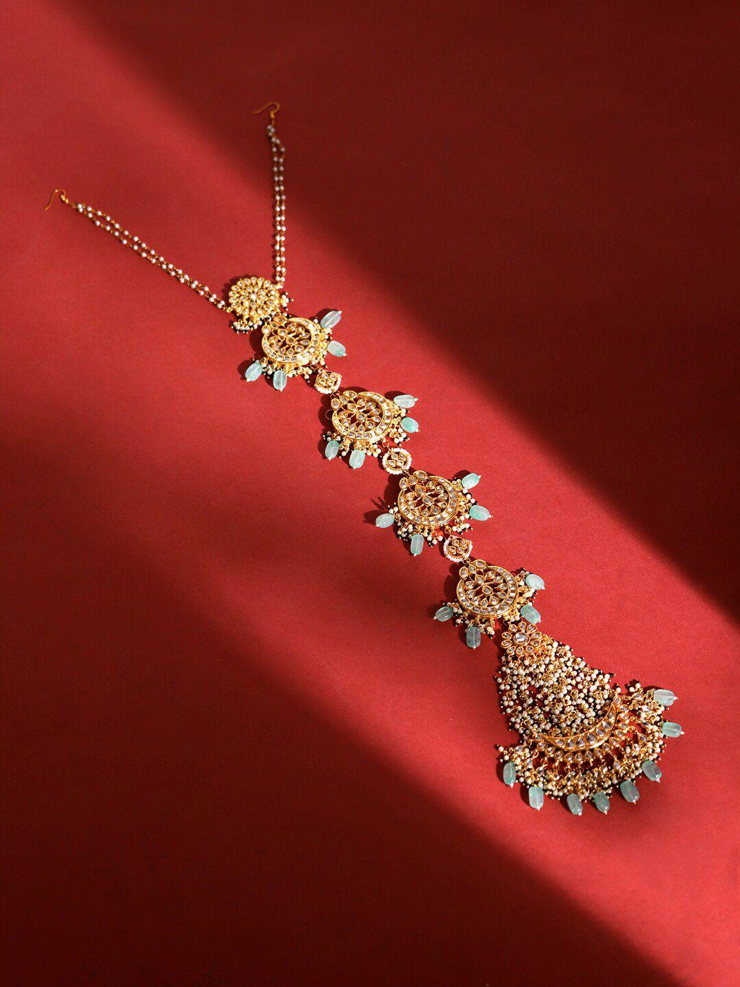 ruby raang gold-plated white & blue kundan-studded & pearl beaded matha patti