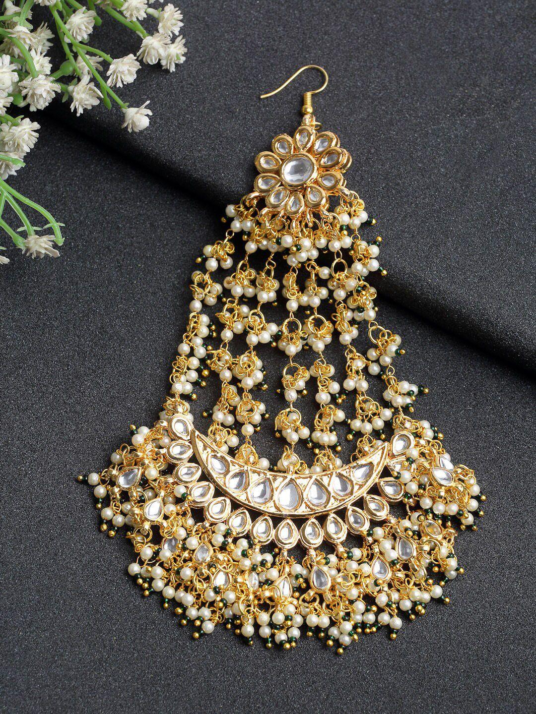 ruby raang gold-plated white & green kundan-studded beaded jhoomar passa head jewellery