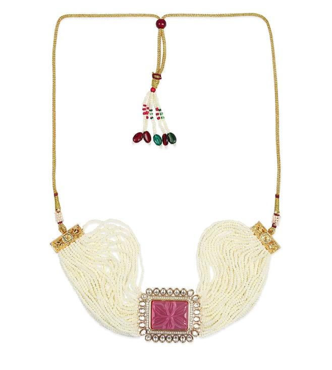 ruby raang gold-plated white & pink kundan studded & beaded brass choker necklace