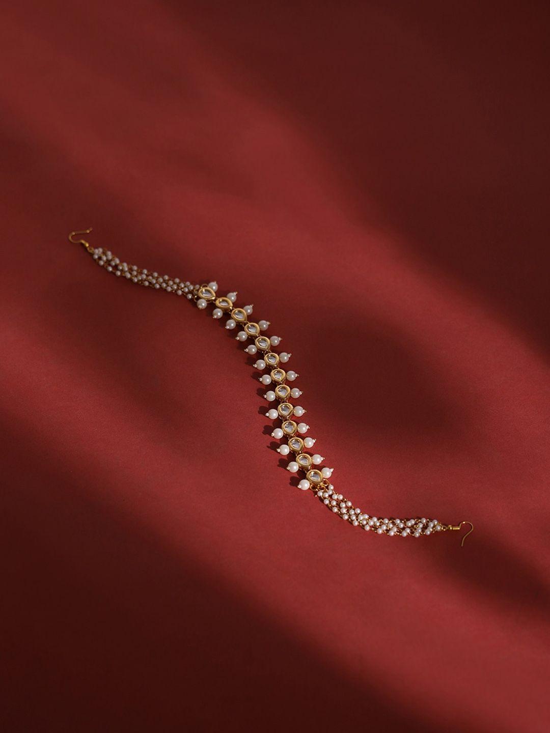 ruby raang gold-plated white  kundan-studded & pearl beaded  hair band