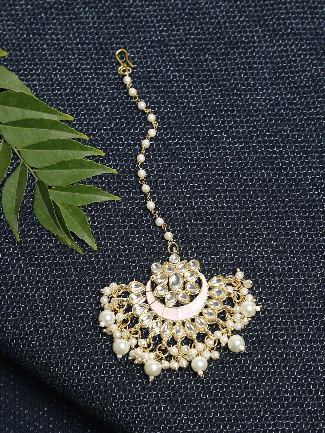 ruby raang gold-plated white faux kundan-studded & faux pearl beaded handcrafted maang tika
