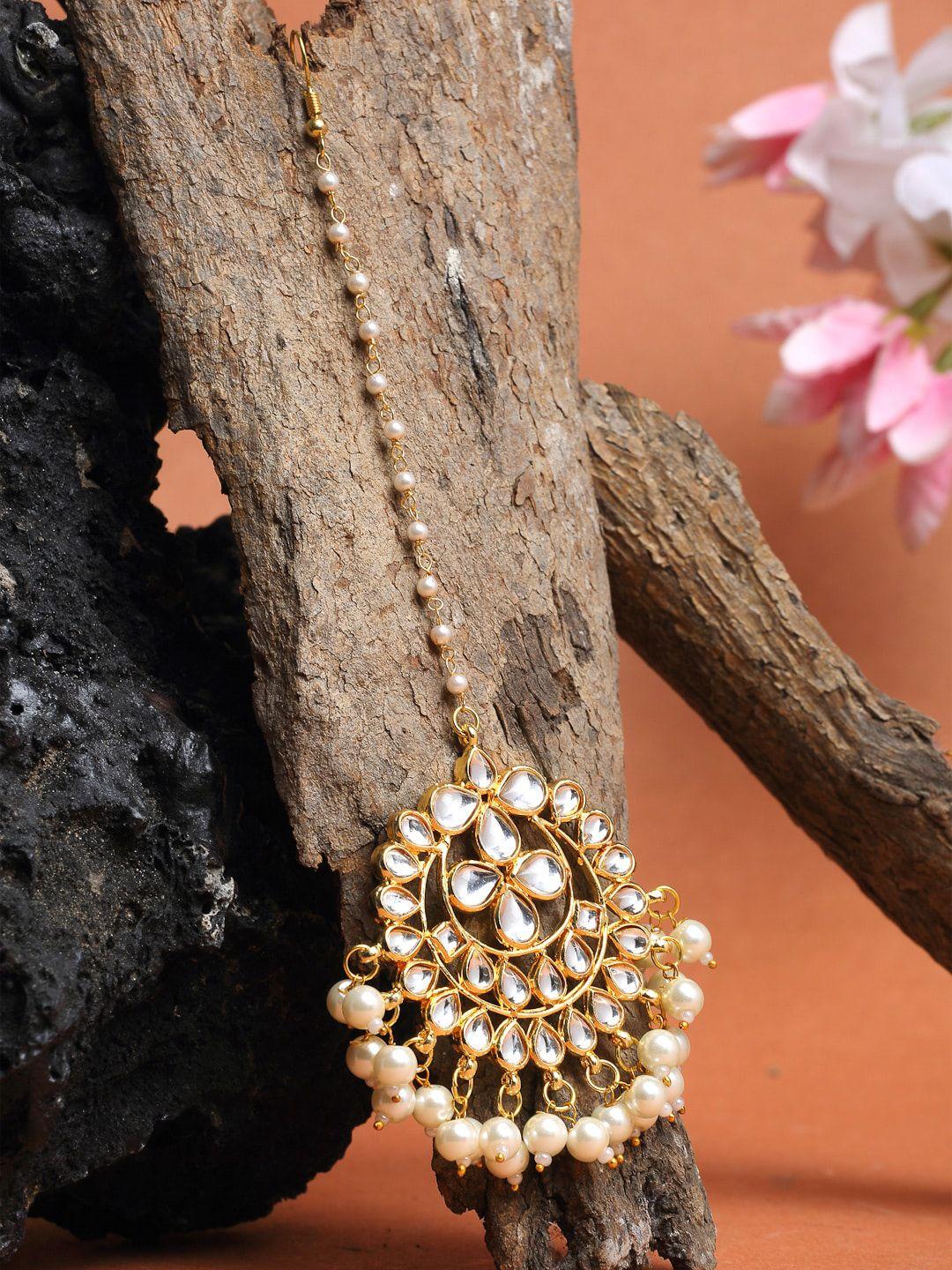 ruby raang gold-plated white kundan-studded & beaded maang tikka