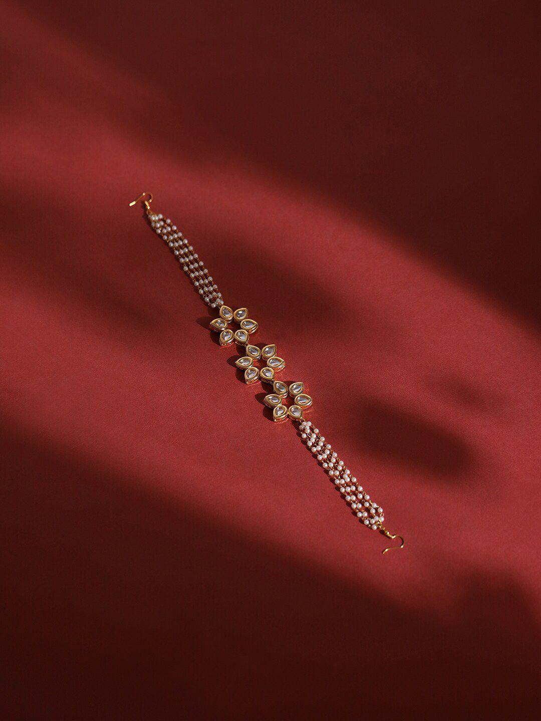 ruby raang gold-plated white kundan-studded & pearl beaded hair band