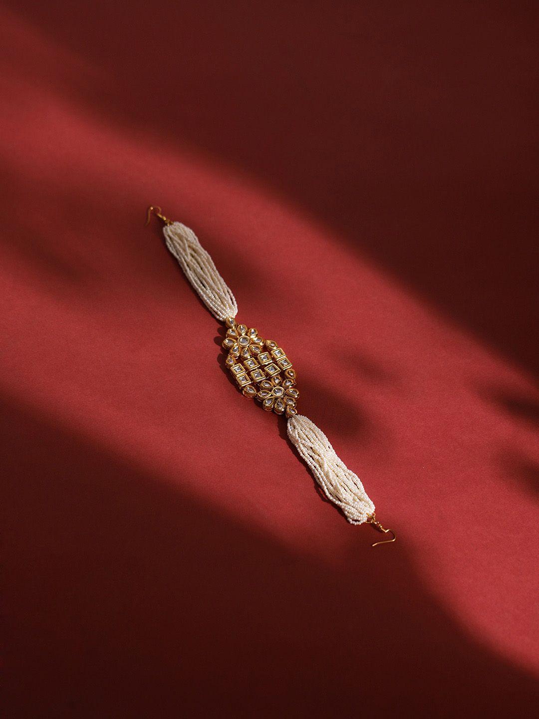 ruby raang gold-plated white kundan-studded & pearl beaded hair band