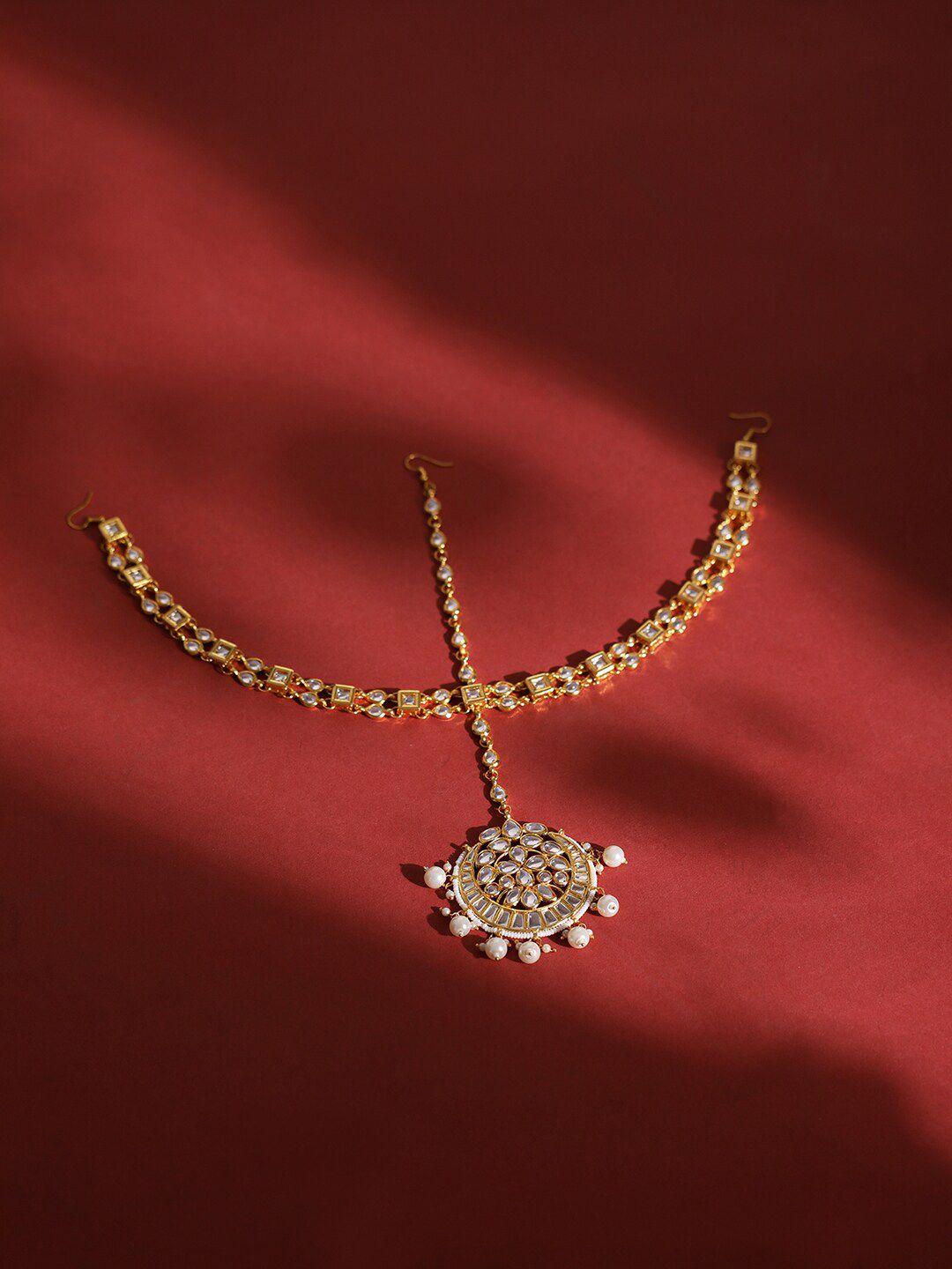 ruby raang gold-plated white kundan-studded & pearl beaded matha patti