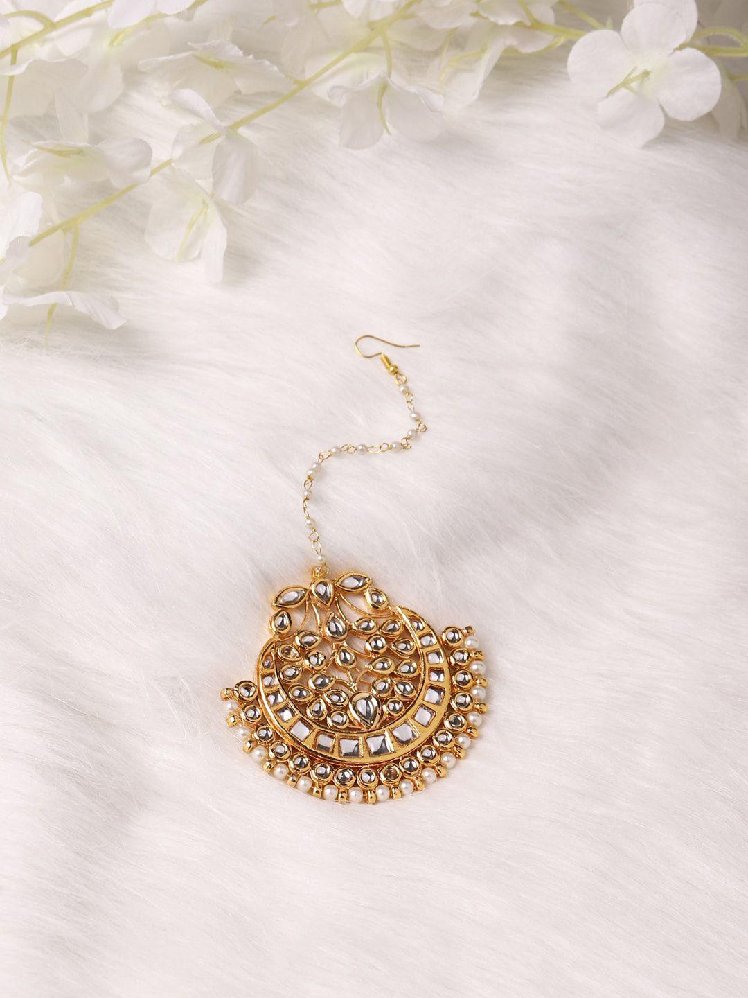 ruby raang gold-plated white kundan-studded maang tikka