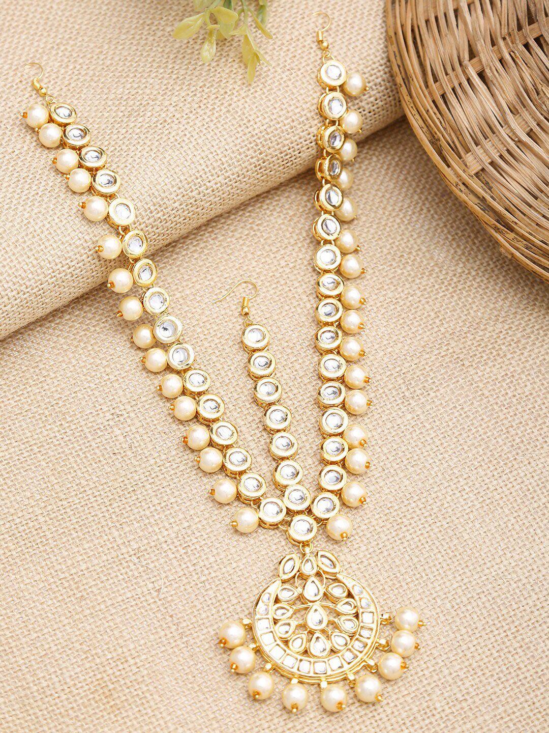 ruby raang gold-toned handcrafted kundan & pearl matha patti