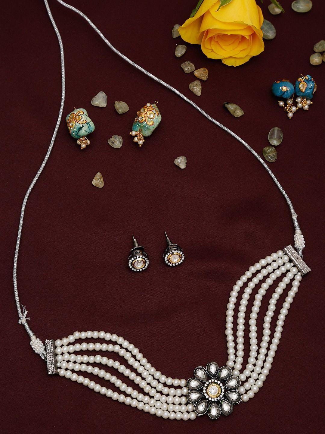ruby raang silver-plated kundan pearl choker with studs