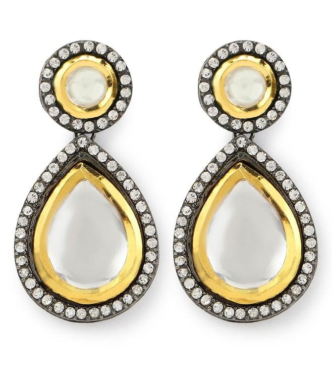 ruby raang silver-plated teardrop shape kundan studded drop earrings