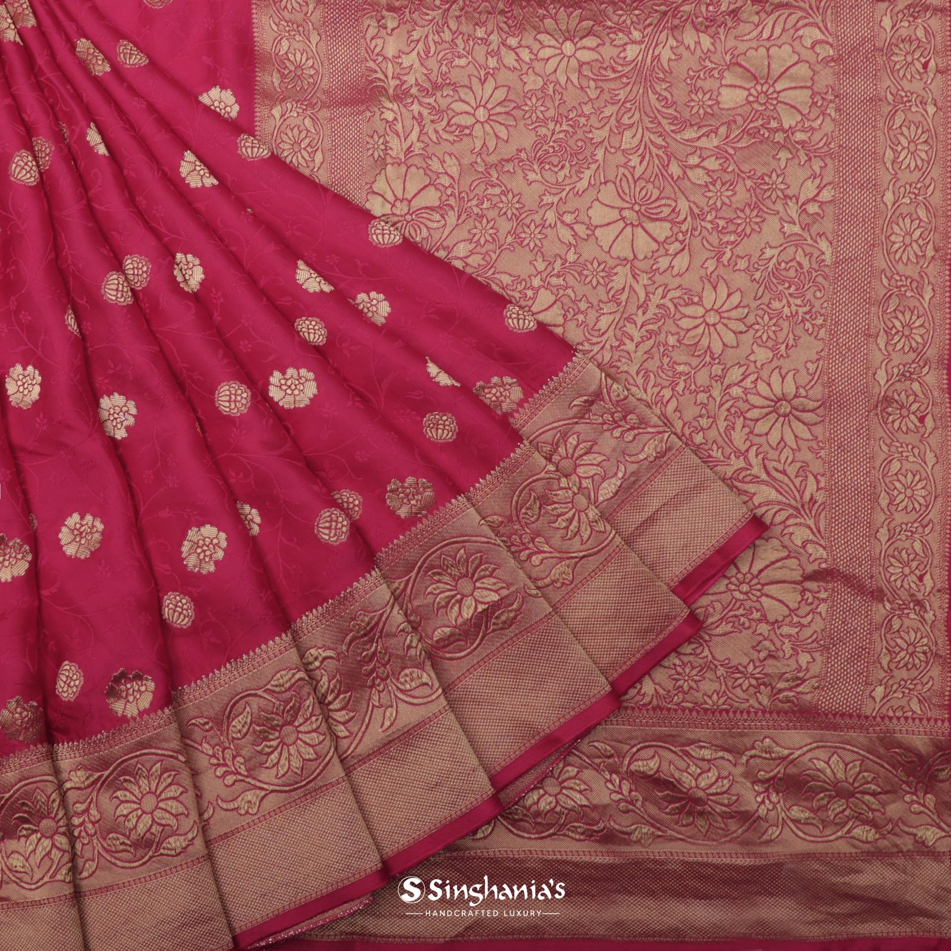 ruby red banarasi satin saree with floral weaving