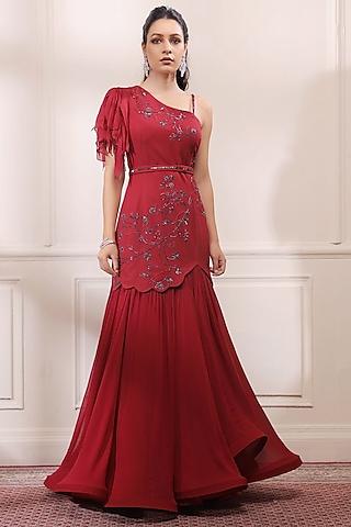 ruby red embellished flared gown