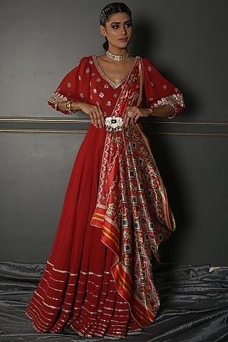 ruby red embroidered anarkali set