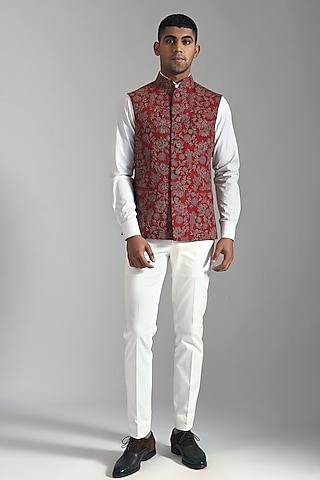 ruby red embroidered nehru jacket