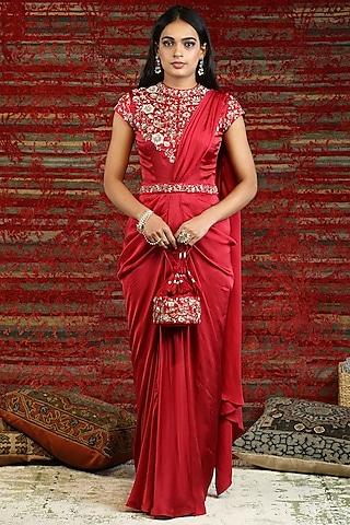 ruby red floral embroidered pre-stitched saree set