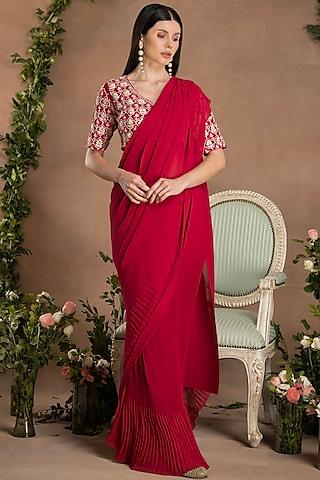 ruby red georgette pre-draped saree set