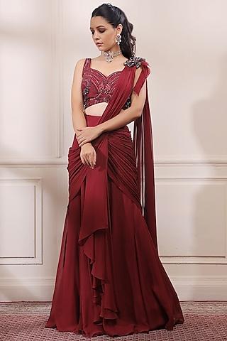 ruby red georgette pre-stitched saree set