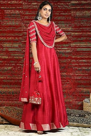 ruby red hand embroidered anarkali set