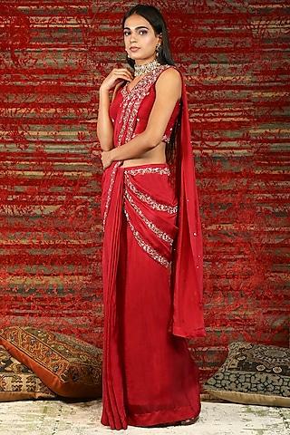 ruby red hand embroidered pre-stitched saree set