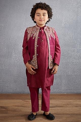 ruby red kurta set with embroidered bandi jacket