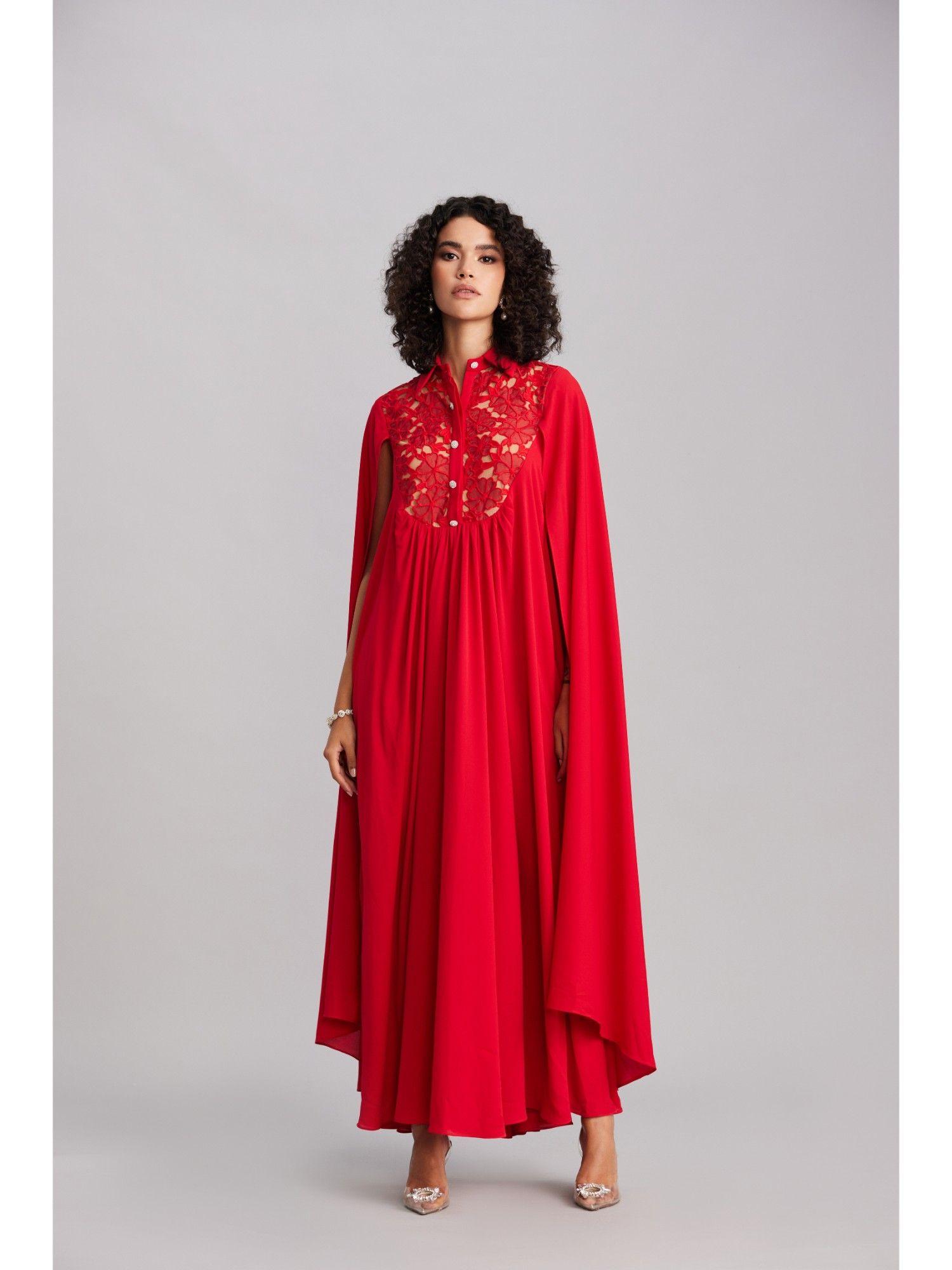 ruby red lace & georgette cape dress