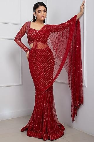 ruby red net & crepe embroidered draped saree set