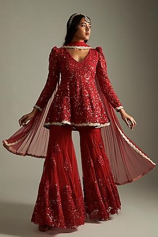 ruby red net floral embroidered gharara set for girls