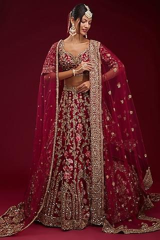 ruby red raw silk zari embroidered lehenga set