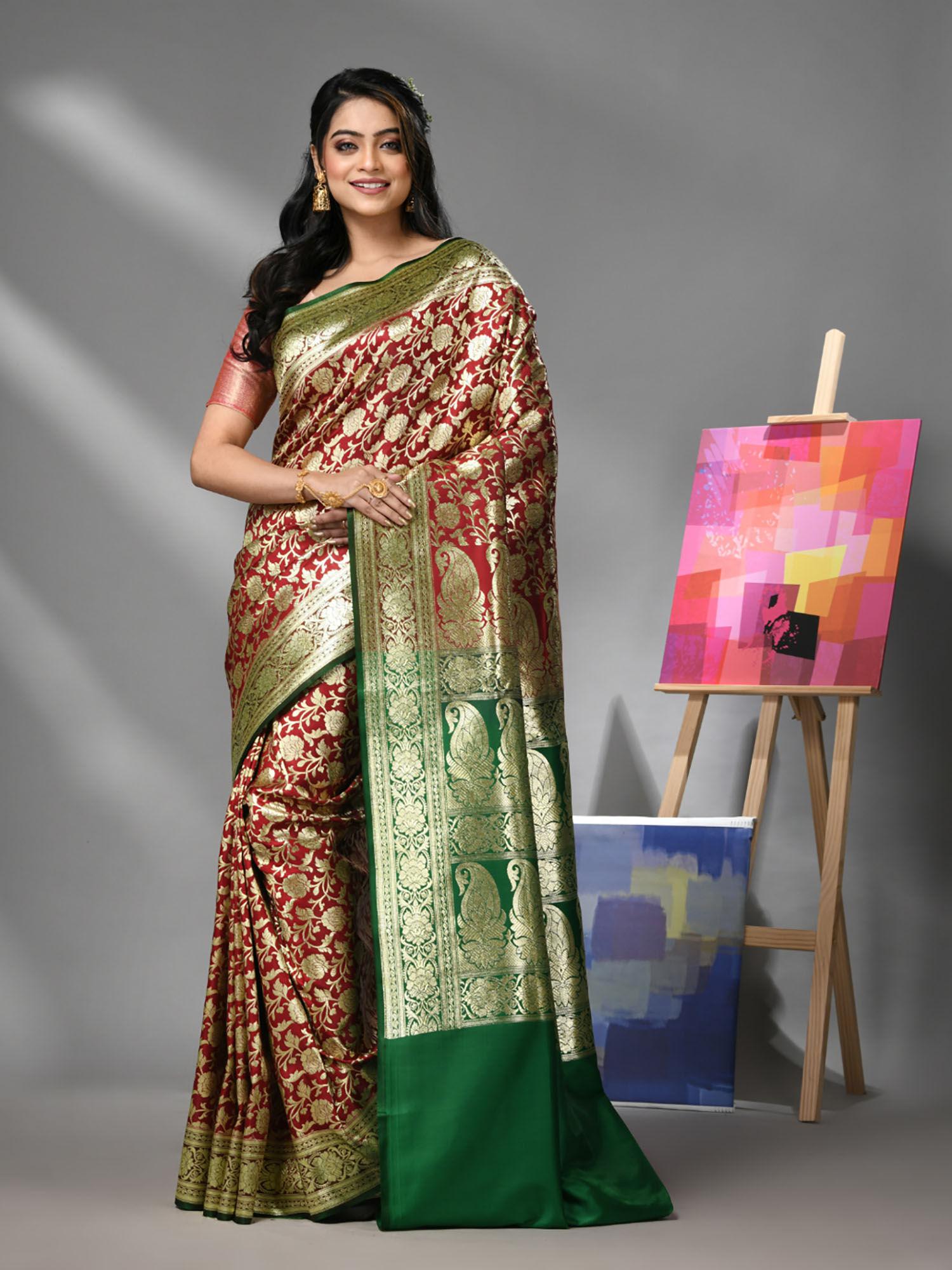 ruby red silk banarasi saree with zari woven designs & unstitched blouse