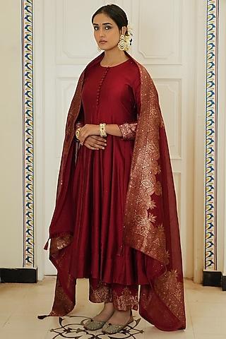 ruby red vegan silk anarkali set